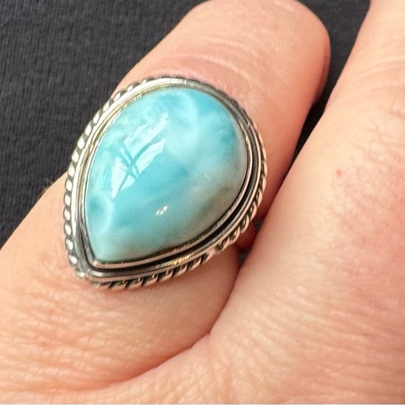 Pear Shaped Natural Larimar Sterling Ring Sz 6 - Picture 1 of 11